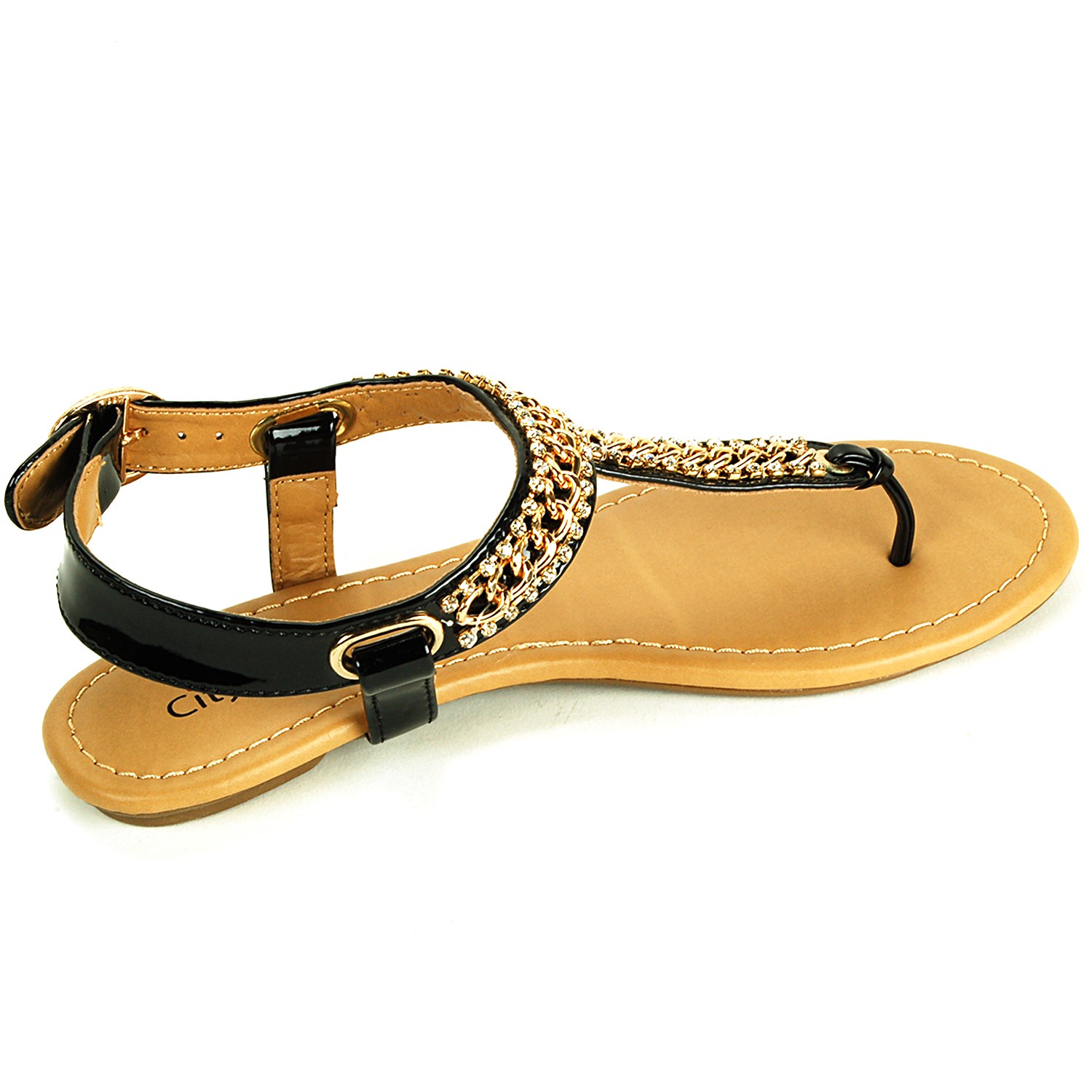 Womens Gladiator Sandals T-Strap Thong Slingback Flip Flop Gold Rhinestone Flats